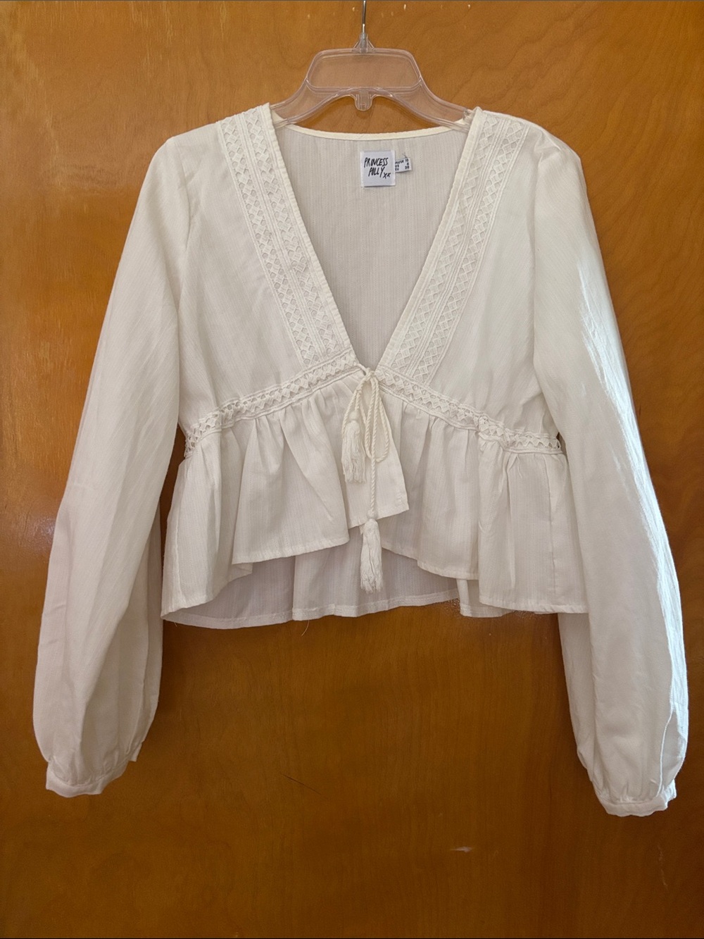 Princess Polly, Ivory Lace-Trim Peplum Tie-Front Blouse